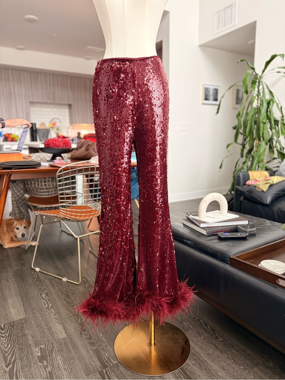 Fashion Nova Burgundy Sequin Feather Hem Pants